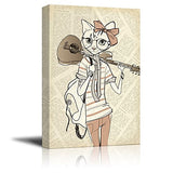 wall26 Creative Animal Figure on Vintage Paper Canvas Wall Art - Miss Cat a Guitar - Giclee Print Gallery Wrap Modern Home Art Ready to Hang - 32x48 inches