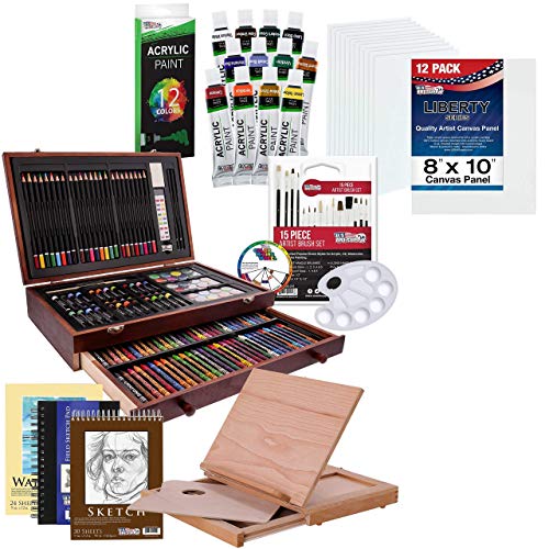 U.S. Art Supply Mega Wood Box Art Set with Solana Wood Easel, 12 Color Acrylic Aluminum Tube Paint, and 12 Pack of 8 X 10 inch Canvas Panel Boards