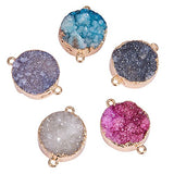 Pandahall Elite 5PCS Mixed Dyed Plated Natural Druzy Agate Pendents Flat Round Links Charms for