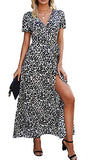 PRETTYGARDEN Summer V Neck Maxi Dress Boho Wrap Casual Beach Long Dresses with Split (Dots Aprico,Small)