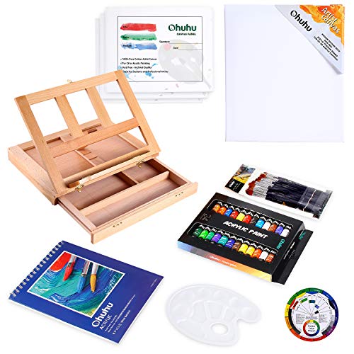 Acrylic Painting Set, 44pcs Ohuhu Artist Set with Wood Table-Top Easel Box, Art Painting Brushes,