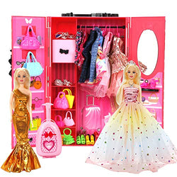 BiiMii 150 Pack Doll Closet Wardrobe Set Contain 19 Pack Complete Clothes and 131 Pieces Doll Accessories - Wardrobe, Shoes, Necklace, Bags and More for 11.5 Inch Doll