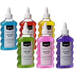 Amazon Basics Liquid Washable Glitter Glue, Red/Yellow/Blue, 6 oz. Each, 3-Count with Glitter Glue, Green/Pink/Purple, 6 oz. Each, 3-Count