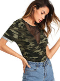 Romwe Women's Casual Sheer Mesh V Neck Short Sleeve Camo Print Tee Shirt Tops Army Green Large