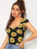 Romwe Women's Sunflower Floral Short Cap Sleeve Scoop Neck Slim Fit Crop Tee Top Yellow L