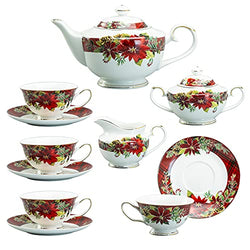 Grace Teaware Poinsettia Holly Plaid 11-Piece Tea Set, Multi, Red