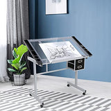 ZENY Glass Top Adjustable Drawing Desk Craft Station Drafting Table Tempered Glass Top Art Craft Desk w/2 Slide Drawers and Wheels