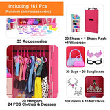 NOKUTIP 161 PCS 11.5 Inch Girl Doll Closet Wardrobe with Clothes and Accessories Including Wardrobe Shoes Rack Clothes Dress Swimsuits Shoes Hangers Crown Necklace and Other Accessories