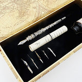 GC Quill Calligraphy Pen 6 Nibs & Ink Bottle Pure Metal Pen Holder Knight Silver Retro Design Gift, Ideal Antique Desk Decor Best Gift & Fancy Dip Pen for All GCLL020