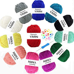 Handcrafts 12 Acrylic Yarn Skeins, 1.76 Ounce(50 g) Each Large Yarn Skeins, 12 Multi-Color Knitting and Crochet Yarn, with Crochet Hook and Markers, Perfect Beginner Kit