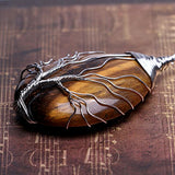 HongJinTian Wire Wrapped Tree of Life Natural Grown Tiger Eye Gemstone Teardrop Pendant Necklace