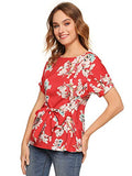 Romwe Women's Floral Print Short Sleeve Self tie Waist Knot Blouse Top Red M