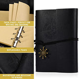 Travel Journal - Leather Journal for Men & Women, Vintage Handmade 6-Ring Refillable Bound with 162 Blank Kraft Pages, 8.2" x 5.9", 2 Metal Bookmarks + Zipper Pocket + Velvet Binded - Black Compass