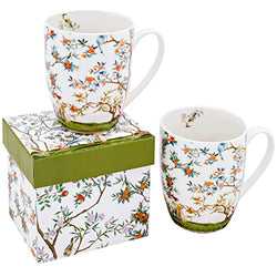 ALYC Fine China Coffee Mug Set – Bird and Branch Flower Teacup Design – 2Pack Porcelain Tea Cups with Gift Box (Bullet 12OZ)