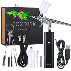 FOXDISK 32PSI Upgraded Airbrush Kit, Cordless Airbrush Kit with Air Compressor, Portable Dual Action Handheld Airbrush for Cake Decor Makeup, Art Nail, Model Painting, Tattoo, Manicure -with Hose 1.2m