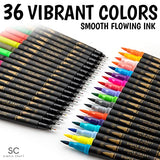 Simple Craft 36 Colored Dual Tip Brush Pens - Fine & Brush Tip Dual Brush Markers For Journaling - Brush Tip Markers For Adults, Kids, Coloring Books, Bullet Journals, Planners, Calligraphy, Drawing