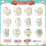 TREACLUB 36PCS Unfinished Wood Easter Ornaments, 12 Styles DIY Easter Eggs Bunny Chick Hanging Ornaments with Stickers Colored Pen Pom-poms Cutouts Craft Kits for Kids Art Project