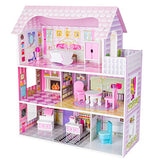 Wooden Dollhouse for Little Girls, Doll House with 9 Furniture Pieces Toys Gift for 3 4 5 6 Year Old Kids Toddlers