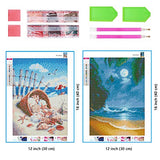 Ginfonr 5D DIY Diamond Painting Full Drill Summer Beach by Number Kits, Embroidery Rhinestone Shell & Night Seaside Paint with Diamonds Crystal Cross Stitch Wall Decor (12 x 16 in, 2 Pack)