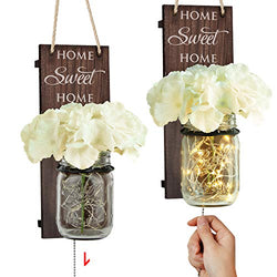 TJ.MOREE Rustic Wall Sconce - Mason Jar Wall Sconce, Farmhouse Home Decor with Pull Chain Switch, Silk Hydrangea and LED Strip Lights for Home Decoration Home Sweet Home Housewarming Gift Set of 2