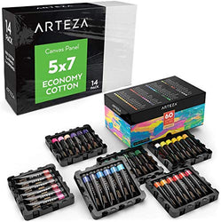 ARTEZA Bundle: 5x7" Bulk Pack of 100% Economy Cotton Canvas Panels, Set of 14 and Acrylic Paint, Set of 60 Assorted Colors, Ideal for High Volume Users, Art Classes, and Practice Studies