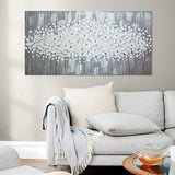 Abstract Modern Canvas Wall Art Flower Oil Painting 100% Hand Painted 3D Pure Gray White Flowers Framed Contemporary Decoration Simple Life Beautiful Blossom Floral Picture Ready to Hang (24x48 inch)