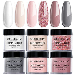 Dip Powder Nail Set, AZUREBEAUTY 6 Colors Classic Nude Collection Skin Tone Glitter Pastel Dipping Powder Starter Kit French Nail Art Manicure DIY Salon Home Gifts for Women, No Need Nail Lamp Cured