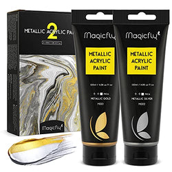 Magicfly Metallic Acrylic Paint, Large Volume Silver and Gold Paint Set (120 ml/4.06 oz.), Rich Pigments Acrylic Craft Paint for Canvas, Glass, Wood, Stone, Ceramic & Model, ldeal for Adults and Kids