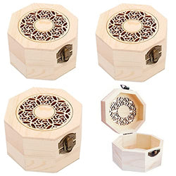 LONG TAO 4 Pcs 3.7''x3.7''x2.4'' Octagon Wood Box Hollow out Wooden Treasure Boxes Wooden Storage Box Natural DIY Craft Boxes with Hinged lid and Front Clasp for Crafts Art Hobbies Home Storage