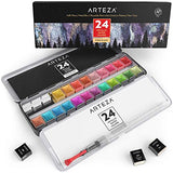 Arteza Metallic Watercolor Paints, Set of 24 Half Pans, Pearl Paint, Vibrant and Pearlescent Hues, Includes Storage Tin & Water Brush, for Illustrations, Calligraphy, Painting, More