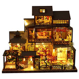 WYD Three-Story Japanese-Style Villa Model 3D Wooden Assembled Dollhouse Kit Puzzle Craft Toy Mini Furniture Kit LED Light House Gift for Friends Parents Children(with dust Cover and Music)