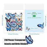 Kenkio 240 Pieces Butterfly Dragonfly Birds Insects Stickers Set Waterproof Transparent Decorative Decals for Laptop Luggage Skateboard Phone Cases Water Bottles Scrapbook DIY Crafts Album Bullet Journal Planner