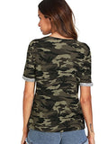 Romwe Women's Casual Sheer Mesh V Neck Short Sleeve Camo Print Tee Shirt Tops Army Green Large