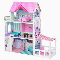 BABLE Wooden Dollhouse with Furniture Pieces,Pretend Play Toy House for Little Girls(3-9 Years Old),Furnished Dollhouse Kit for Small Place, Modern Dollhouse with Accessories, 34 x12 x34 in,Pink