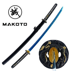 MAKOTO Handmade Razor Sharp 41" Black Samurai Katana Sword - Dragon Tsuba Blue Blade