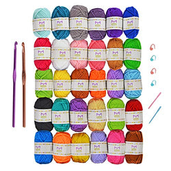 Mira Handcrafts 30 Acrylic Yarns – DK Yarn for Crochet and Knitting – 2 Crochet Hooks, 2 Plastic Needles, 4 Stich Markers, 7 Ebooks with Yarn Patterns Included – Perfect Craft Yarn