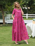 YESNO Women Casual Loose Long Maxi Bohemian Floral Dress Lightweight Summer Beach Short Sleeve Swing Dress with Pockets (XS EJF CR26)