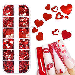 Red Heart Nail Art Glitter Sequins for Valentine's Day Nail Art Stickers Decals Holographic Love Heart Nail Charms Flakes for Acrylic Nail Supplies Manicure Tips Accessories