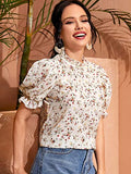 Romwe Women's Elegant Floral Ruffle Puff Short Sleeve Mock Neck Blouse Tops White#4 Small