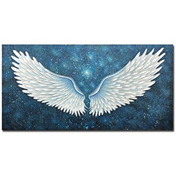 Boiee Art,24x48Inch Oil Hand Paintings 100% Hand Painted White Angel Wing Painting on Canvas Abstract Textured Blue Wall Art Contemporary Artwork Modern Home Decor Art Wood Inside Framed Hanging Wall Décor