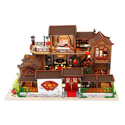 WYD Chinese Building Model Large Courtyard Loft Scene Dollhouse Creative Assembled Toy Gift with LED Light Movement Wooden Miniature House Kit