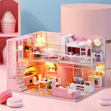 Ogrmar 1:24 Scale Dollhouse Miniature with Furniture, DIY Dollhouse Handmade Mini Apartment Model Kit Plus Dust Cover & LED Light, Creative Room Toys for Children Gift (Dream Angels)