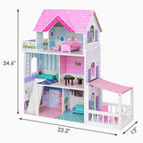 BABLE Wooden Dollhouse with Furniture Pieces,Pretend Play Toy House for Little Girls(3-9 Years Old),Furnished Dollhouse Kit for Small Place, Modern Dollhouse with Accessories, 34 x12 x34 in,Pink