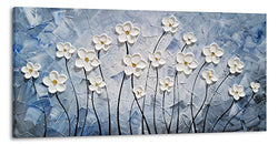 Floral Canvas Wall Art Hand Painted Blue and White Heavy Textured Painting Modern Abstract Flower Pictures Contemporary Artwork for Living Room Bedroom Office Decoration