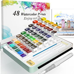 Watercolor Paint Set, Watercolour Paint Box with 48 Colors Pigment(12 Metallic Colors Pigment), 3 Pens, Eraser, Sponge, 10 Water Color Paper for Artists, Professionals, Painting, Beginner Painters