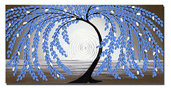 Wieco Art Blue Leaves Extra Large Modern Gallery Wrapped Abstract Flowers Artwork 100% Hand Painted Floral Oil Paintings on Canvas Wall Art Ready to Hang for Living Room Home Decor 24x48 Inch XL