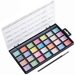 Watercolor Paint Set, 28 Vibrant Vivd Metallic Color Cakes, with 1 Paint Brush, in a Nice Sturdy Water-Color Pan - Perfect for Artists and Beginners