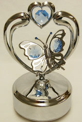 MASCOT Chrome Butterfly in Heart Music Box - Blue Swarovski Crystal