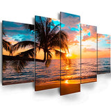 Abstract Ocean Photo Painting Poster Printed Abstract Landscape Blue Sky Screen Beautiful Ocean Beach Wall Art Canvas Print Framed Picture Painting for Room Home Decorations (C-5pcs,80"x40")