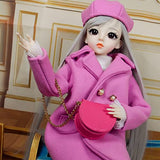 Proudoll 1/3 BJD Doll 60cm 24Inches Ball Jointed SD Dolls Move Joints Action Figures Caroline Beret Wig Coat Dress Crossbody Bag Boots
